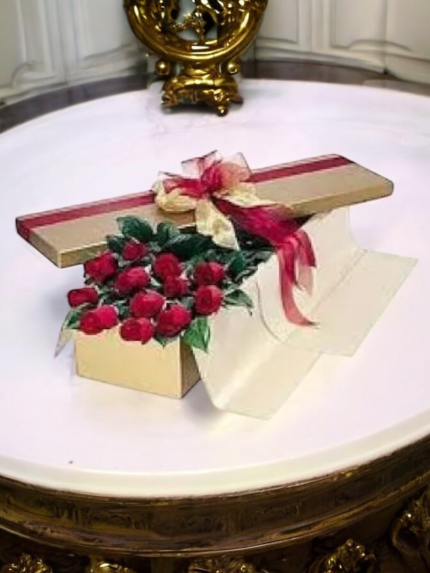 Dozen Long Stem Red Roses In A Gold Box