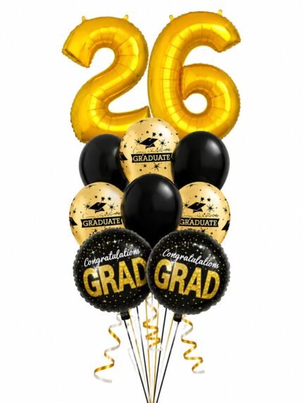 Gold 2026 graduation balloon bouquet with black and gold Congrats Grad balloons