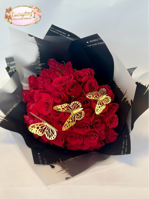 50 Premium Red Roses Wrapper with Gild butterflies