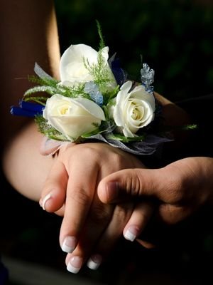 white roses in hand