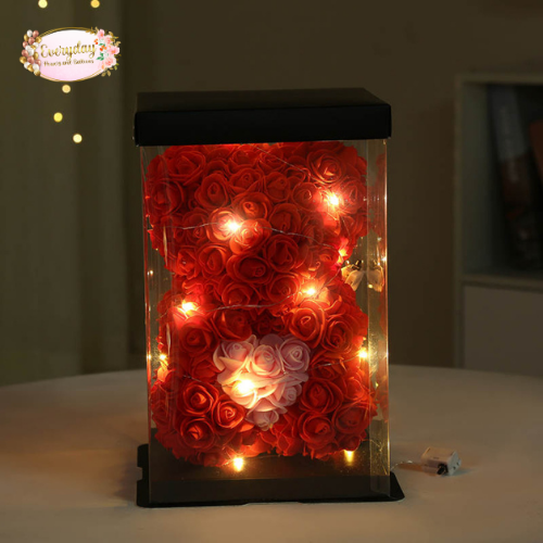 artificial red rose bear with lights