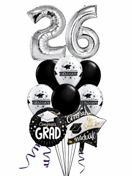 Orange graduation balloon bouquet with congrats grad balloons and graduation cap balloon