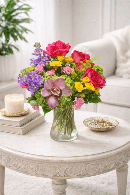 Luxury mixed flower arrangement with pink roses, yellow spray roses, cymbidium orchid, and seasonal blooms in a glass vase on a vintage white coffee table