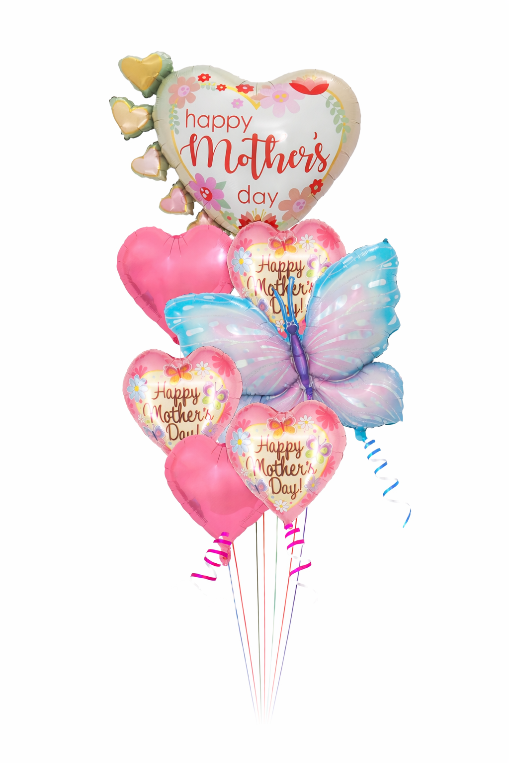 Mother’s Day balloon bouquet with heart balloons and butterfly design with Happy Mother’s Day message