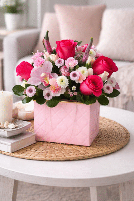 Mother’s Day floral purse arrangement with pink roses, orchids, and mixed blooms in a decorative purse-shaped container