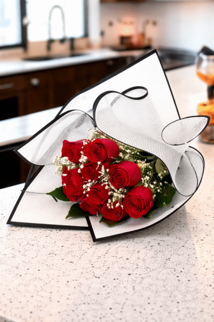 Mother’s Day red rose bouquet with baby’s breath wrapped in elegant black and white paper on a kitchen countertop