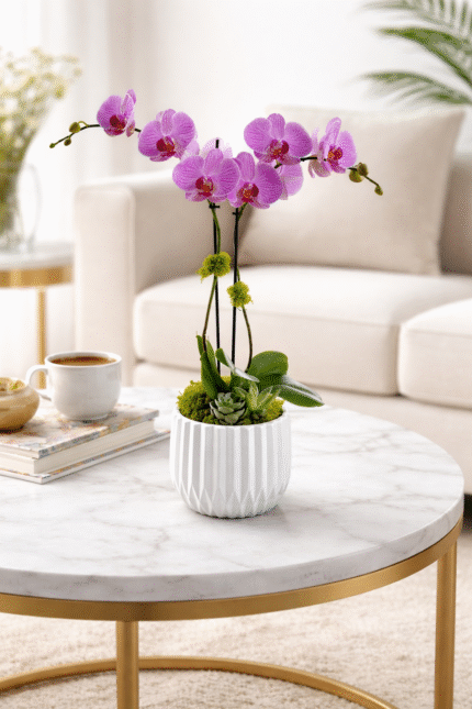 Double orchid arrangement with succulents in a modern white pot on a marbel table