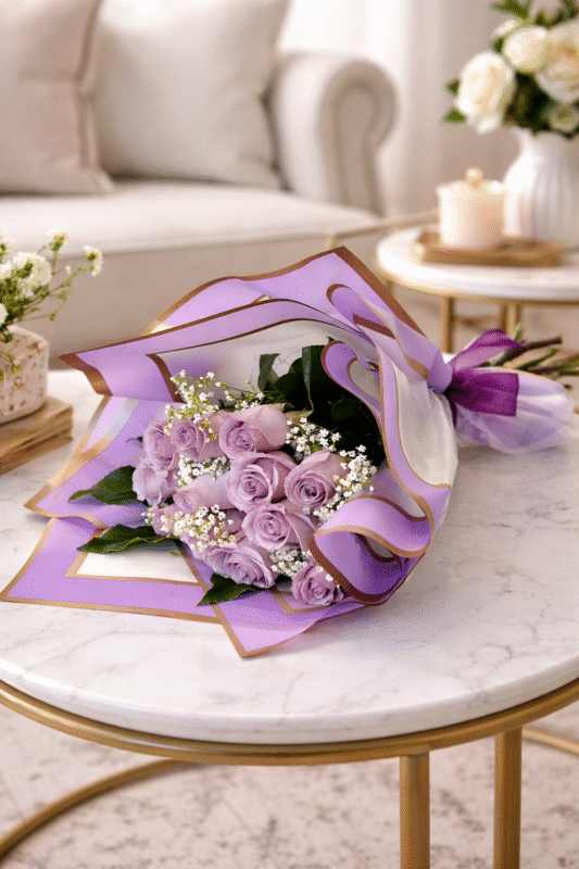 Lavender rose bouquet wrapped in pastel paper on elegant marble table for Mother’s Day flower delivery