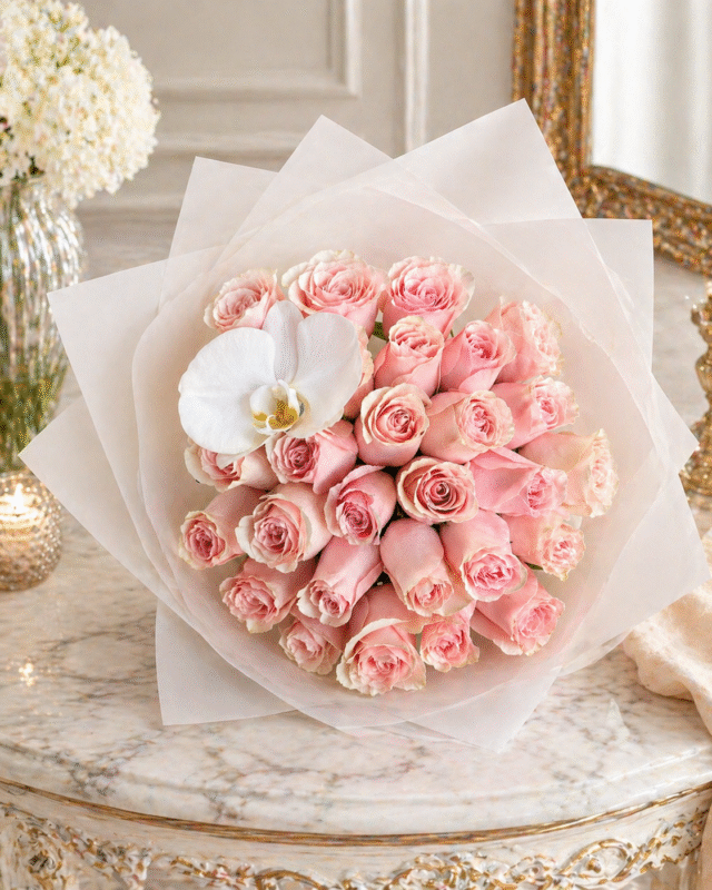Mother’s Day bouquet with blush pink roses and white orchid on elegant marble table