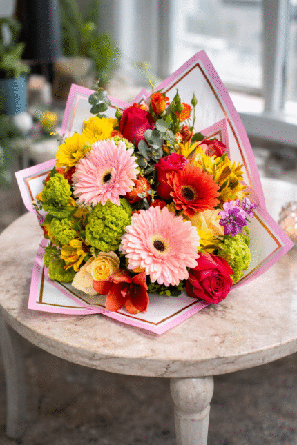 Mother’s Day flower bouquet with pink gerbera daisies, roses, and colorful blooms wrapped in elegant paper