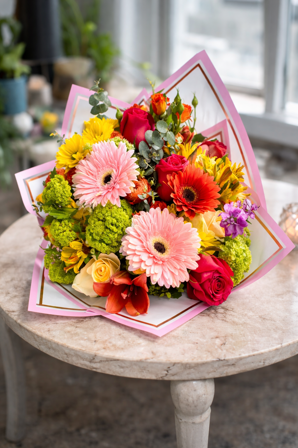Mother’s Day flower bouquet with pink gerbera daisies, roses, and colorful blooms wrapped in elegant paper