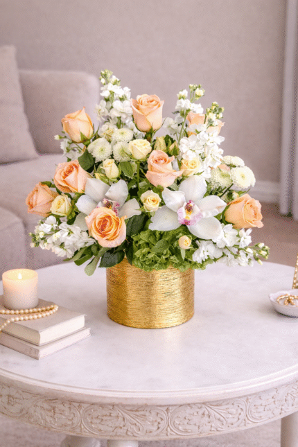 Luxury peach rose and white orchid flower arrangement in a gold vase on an elegant coffee table