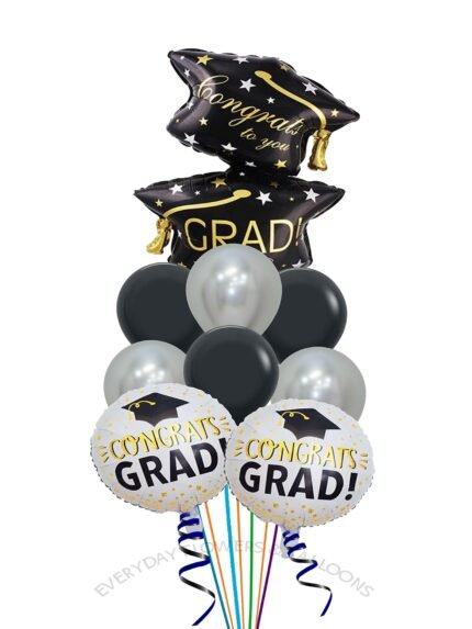Black and gold graduation balloon bouquet with Congrats Grad balloons Image Title