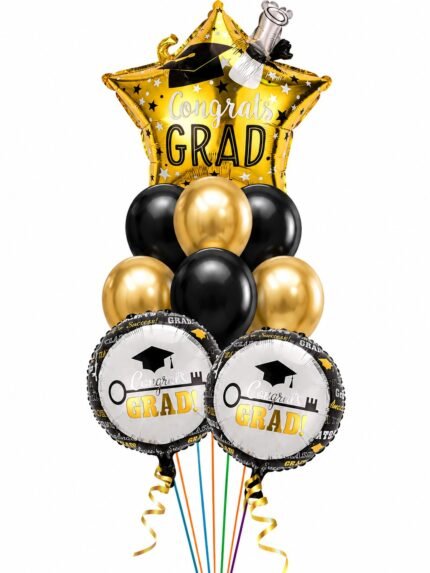 Gold and black graduation balloon bouquet with Congrats Grad star balloon