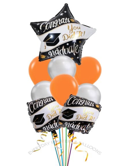Orange and silver graduation balloon bouquet with Congrats You Did It balloons