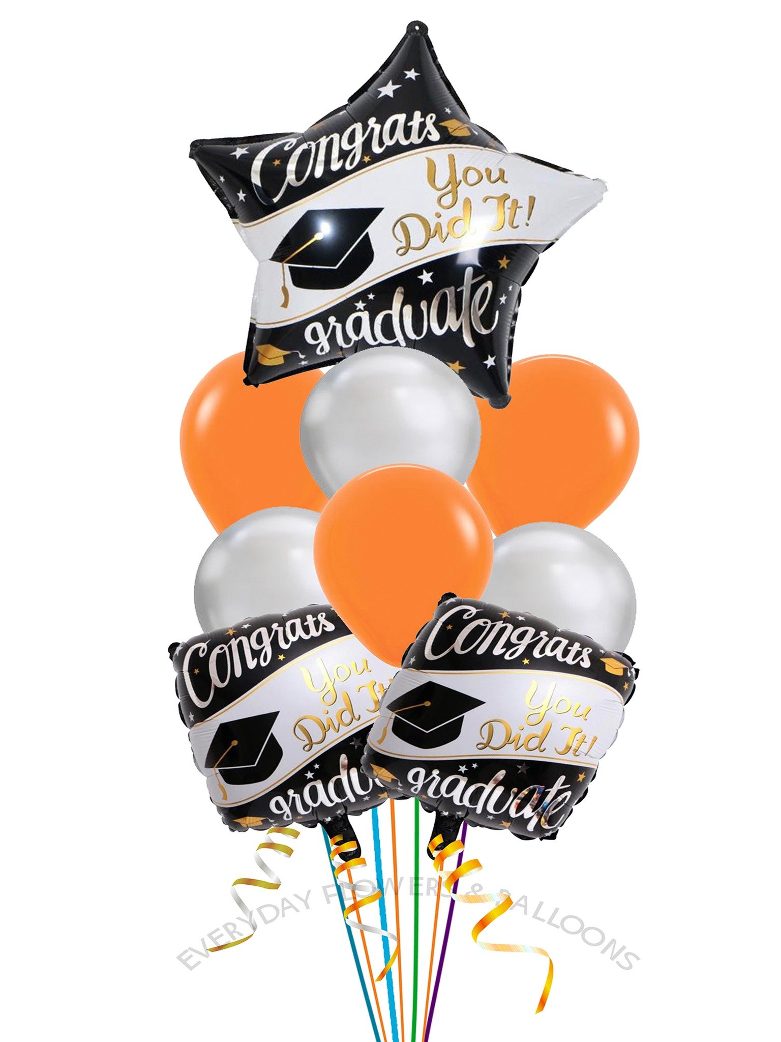 orange-silver-graduation-balloon-bouquet.webp Orange and silver graduation balloon bouquet with Congrats You Did It balloons