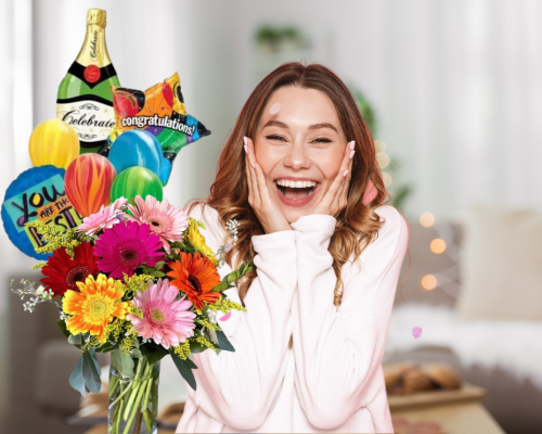 a lady holding flowers and a bouquet of flowers