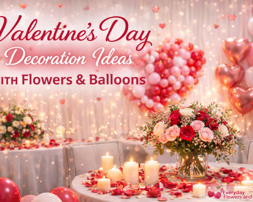 Valentine's Day decorations with flowers and balloons