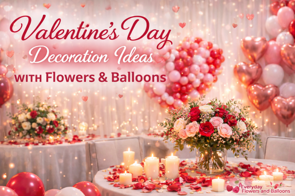 Valentine's Day decorations with flowers and balloons