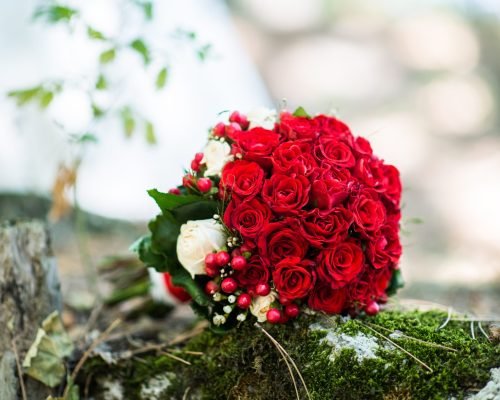 Wedding bouquet with white and red roses